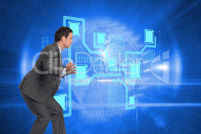 Composite image of businessman standing with arms out