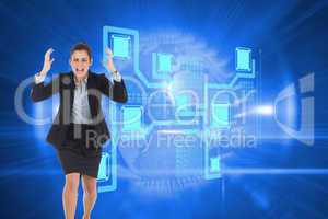 Composite image of angry businesswoman gesturing