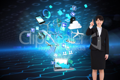 Composite image of smiling businesswoman pointing