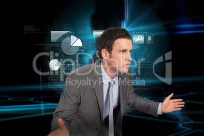 Composite image of businessman posing with hands out