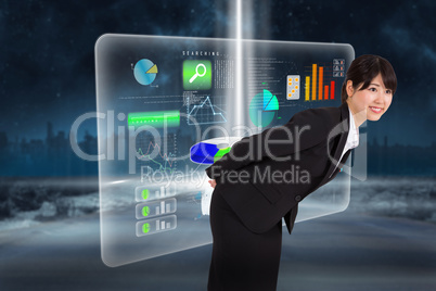 Composite image of smiling businesswoman bending