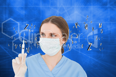 Composite image of pretty brunette female doctor holding a syrin