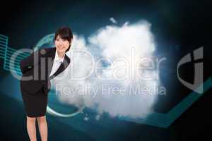 Composite image of smiling businesswoman bending