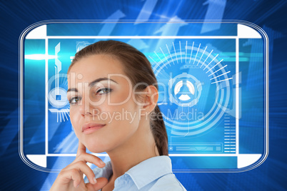 Composite image of side view of thinking young businesswoman