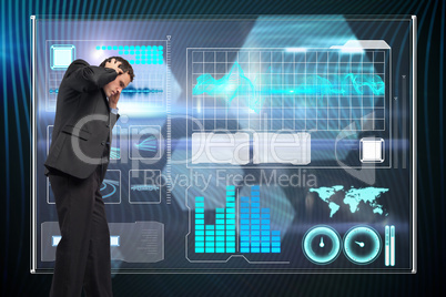 Composite image of stressed businessman with hands on head