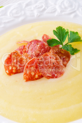 potato cream soup with chorizo and garlic