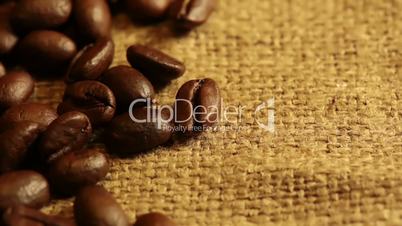 Burlap Fabric and Coffee Beans. Macro