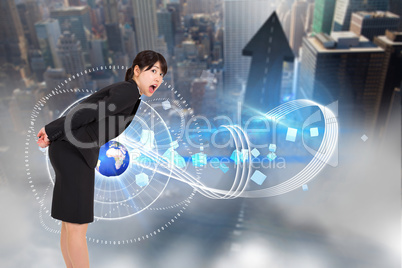 Composite image of surprised businesswoman bending