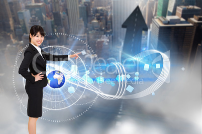 Composite image of smiling businesswoman pointing