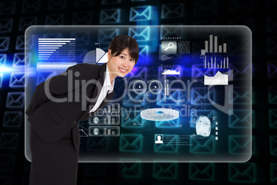 Composite image of smiling businesswoman bending