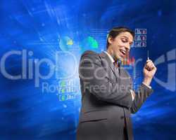 Composite image of thoughtful businessman holding pen