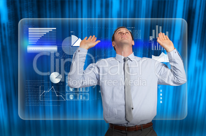 Composite image of businessman standing with arms pressing up