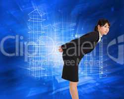 Composite image of serious businesswoman bending