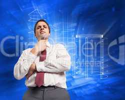 Composite image of thoughtful businessman holding pen to chin