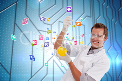 Composite image of young scientist working with a beaker