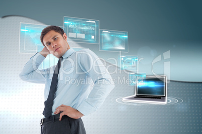 Composite image of thinking businessman with hand on head