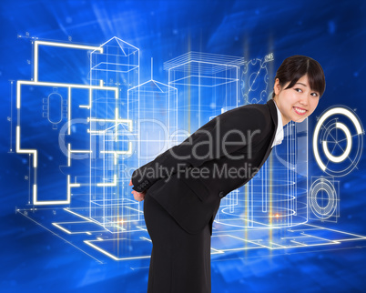 Composite image of smiling businesswoman bending