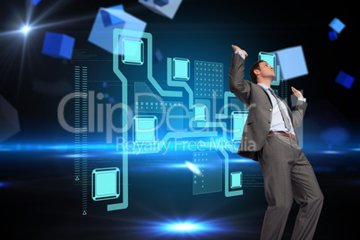 Composite image of businessman posing with hands up