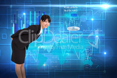 Composite image of smiling businesswoman bending