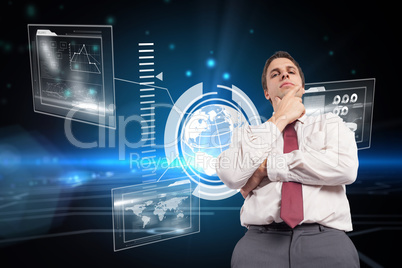 Composite image of thoughtful businessman with hand on chin