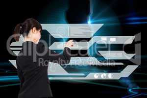 Composite image of thoughtful businesswoman pointing