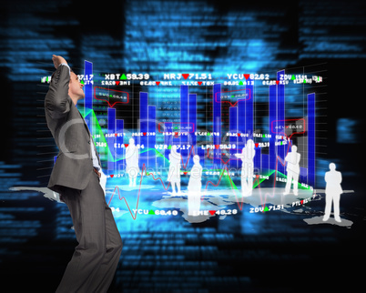 Composite image of businessman posing with hands up