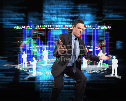 Composite image of businessman posing with arms outstretched