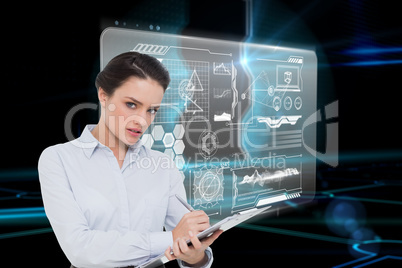Composite image of elegant young businesswoman with clipboard