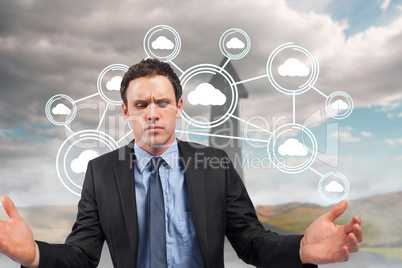 Composite image of businessman posing with arms out