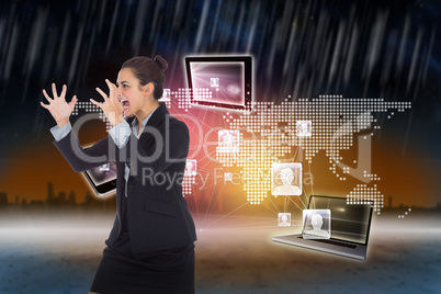 Composite image of angry businesswoman gesturing