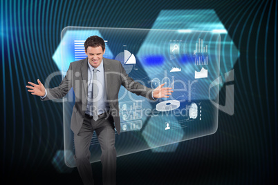 Composite image of businessman standing with arms out