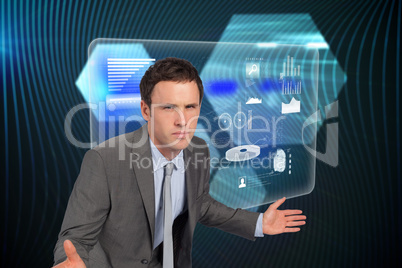 Composite image of businessman posing with hands out