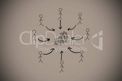 Composite image of cog and wheel doodle with stick figures