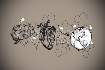 Composite image of earth lungs and heart doodle