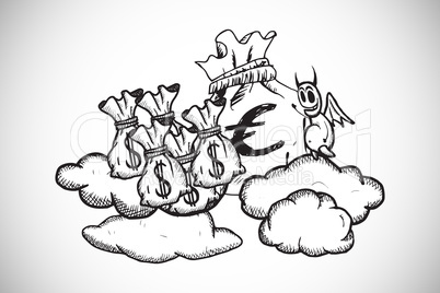 Composite image of devil with money bags doodle