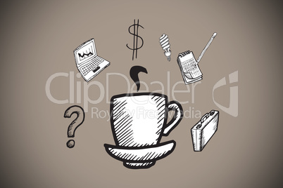 Composite image of cup of coffee doodle with business icons