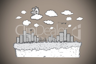 Composite image of cog over cityscape doodle