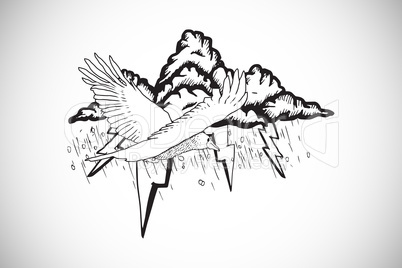 Composite image of bird flying in a storm doodle