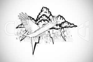 Composite image of bird flying in a storm doodle