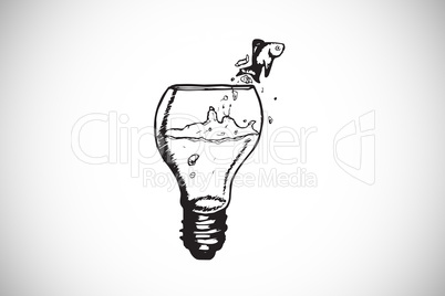 Composite image of fish jumping out of light bulb bowl