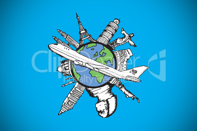 Composite image of landmarks of the world with airplane doodle