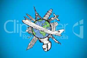 Composite image of landmarks of the world with airplane doodle