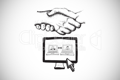 Composite image of video chat and handshake doodle