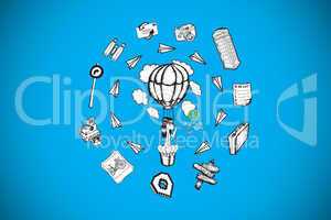Composite image of girl in hot air balloon surrounded by doodles