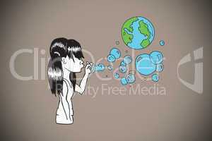 Composite image of girl blowing earth bubbles