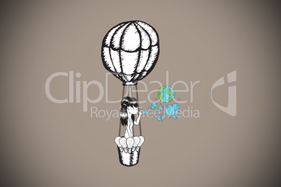 Composite image of girl in hot air balloon blowing earth bubbles