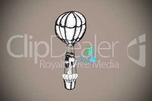 Composite image of girl in hot air balloon blowing earth bubbles