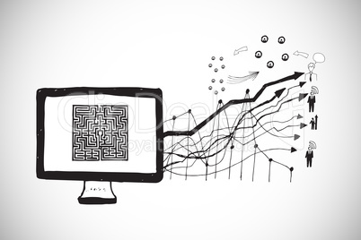 Composite image of maze on computer screen with arrows doodle Composite image of maze on computer screen with arrows doodle
