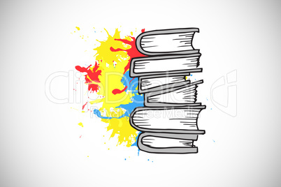 Composite image of pile of books on paint splashes