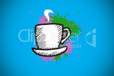 Composite image of cup and saucer on paint splashes